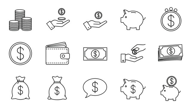 Collection of simple vector icons representing financial elements and dollar signs in various forms and designs.