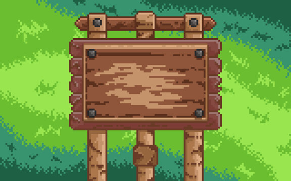 Large wooden signboard in a lush pixel art garden. This 8-bit rural landscape features green grass and a rustic blank banner, perfect for game titles, quest boards, and farming simulator menus.