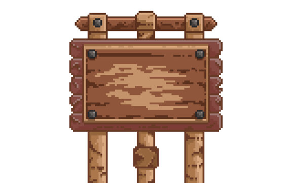 Pixel art wooden signpost on three sturdy poles. This high-quality 8-bit blank timber board is perfect for game titles, forest navigation, level selection, and rustic-themed user interfaces.