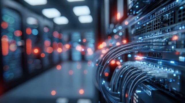 Close-up view of server racks with glowing blue and orange lights and tangled cables