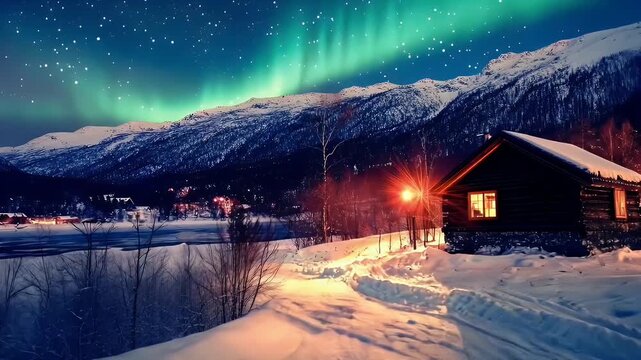 Stunning Northern Lights Over Snowy Mountains and Cozy Cabin by a Frozen River at Night