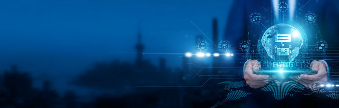 Software developer holding a tablet and pointing at chatbots interface on structure messaging workflows and AI response models. Chatbots automation improves customer service and engagement efficiently