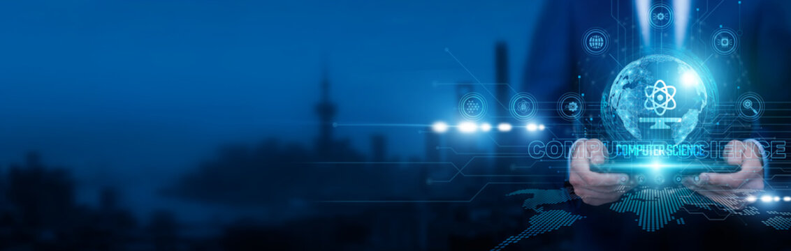 Computer scientist holding a digital tablet and pointing at computer science algorithms on structure code frameworks and logic models. Computer science innovation drives technology development.