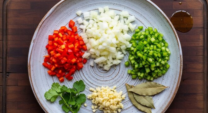 Freshly Chopped Vegetables and Herbs Ready for Cooking.