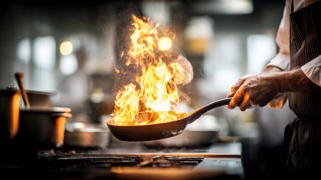 Chef flambeing food in a pan with intense flames in a professional kitchen setting