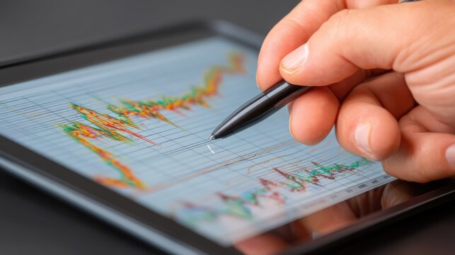 Analyzing financial trends digital workspace data visualization professional environment close-up viewpoint business insights