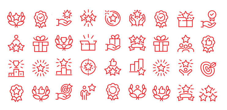 Exclusive Benefit, Special Offer, Best Award, High Rank Premium Icons Pack. Such Line Signs as Champion Cup, Stars, Medal. Vector Icons Set for Web and App in Outline Style Editable Stroke.