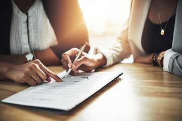 Hands, sign and people with document, meeting and approval for home loan and process for...