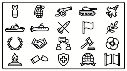 Fototapeta premium Collection of black and white icons representing various military and peace symbols on a white background viewed from directly above