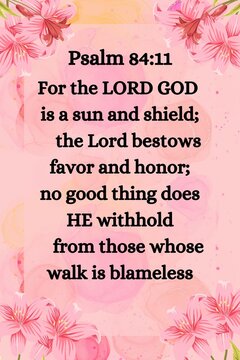 Christian home decor featuring the inspiring Bible verse Psalm 84:11 in elegant typography with soft pink watercolor flowers ratio 2:3 size 24 x 36 inch 