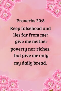 Christian scripture quote from Proverbs 30:8 on a pink pastel background, bible verse wallart home decor ratio 2:3 size 24x36 inch 