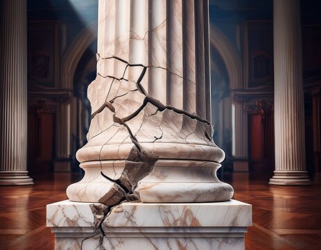 cracked marble pillar in courthouse interior symbolizing broken justice corruption and collapse of legal foundation ancient architecture concept of instability power erosion symbolic law and democra