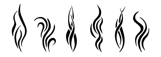 Naklejka premium Doodle steam and smoke icon set with aroma waves vector illustration set. Hot coffee, cooking aroma, and fragrance effects are represented by linear symbols in a hand-drawn outline graphic style.
