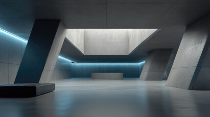 Naklejka premium Dark futuristic architectural room with concrete walls, blue neon lighting, geometric columns, minimalistic design, modern interior, spacious area