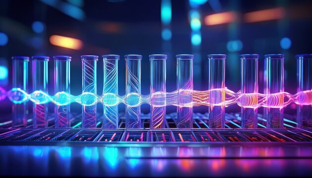 glowing dna sequence bands in futuristic gel electrophoresis analysis genetic barcode pattern illuminated in neon blue and purple light biotech medical research concept in molecular biology technolo