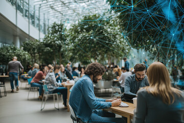 Obraz premium Diverse group engages in lively discussion beneath a futuristic blue digital network inside a glass-roofed atrium.