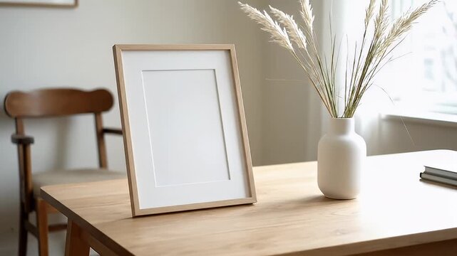 Wooden Table with Blank Picture Frame and Vase.