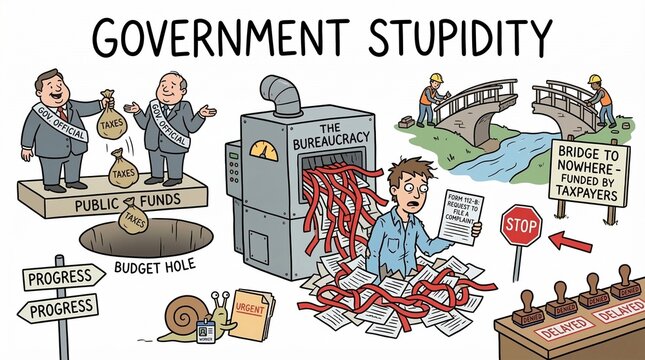 Government officials mismanaging public funds amidst bureaucratic red tape and inefficiency