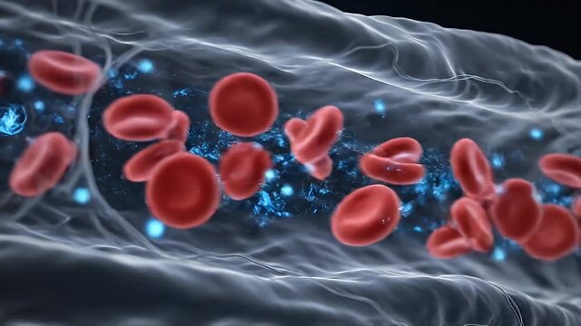 Red Blood Cells Flowing Through Vein with Blue Particles.