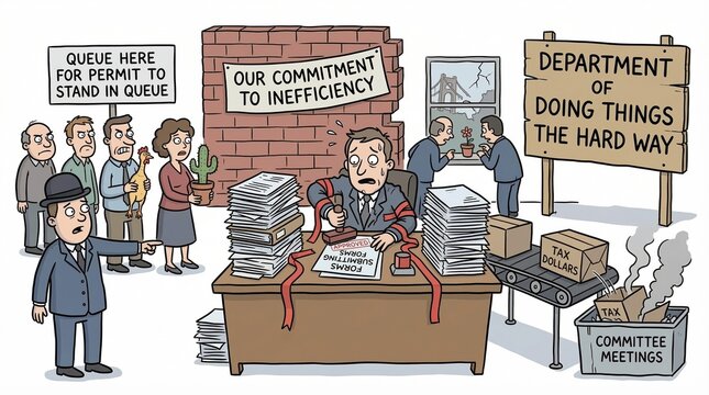 Officer Overwhelmed with Permit Applications and Stacks of Documents at Office Desk