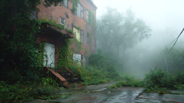 Abandoned brick building overgrown with green vines in foggy, silent city street
