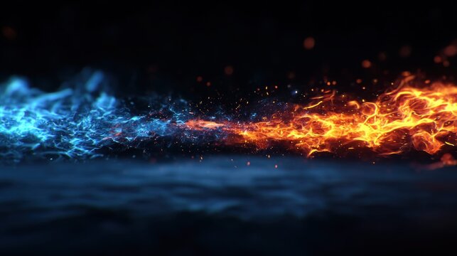 Abstract collision of blue energy and orange fire with glowing particles in darkness