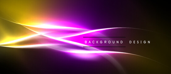 Obraz premium Abstract vibrant lines, yellow, purple hues. Dark background creates dynamic visual effect. Modern design element.