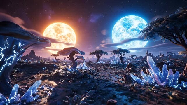 Futuristic Alien Landscape with Binary Suns.