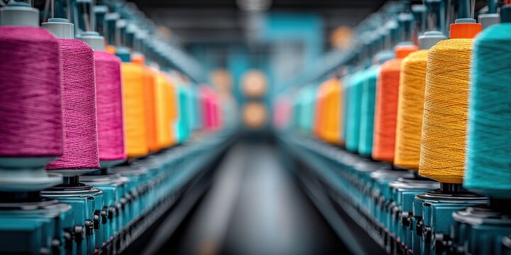 Vibrant spools of thread arranged in a factory, creating a colorful and symmetrical industrial pattern