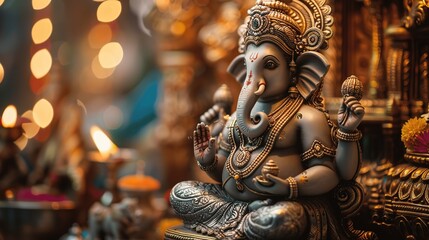 Obraz premium Beautiful Ganesh Statue Surrounded by Soft Glowing Lights