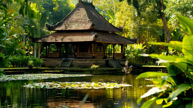 Serene Asian Pavilion Surrounded by Lush Greenery and Water Lilies