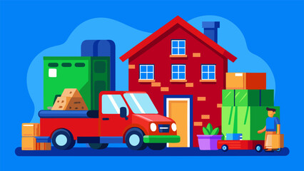 Naklejka premium Relocation concept with man unloading belongings from vehicle into residence.eps