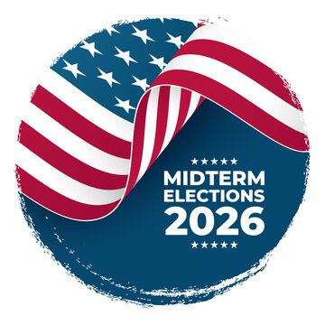 2026 United States Midterm Elections. Waving American flag. Circle brush strokes. Vector illustration. 