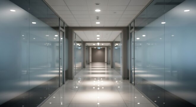 A long, modern office corridor with glass walls and a shiny floor lit by ceiling lights viewed from the end