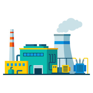 Industrial factory complex with smokestacks emitting smoke near buildings