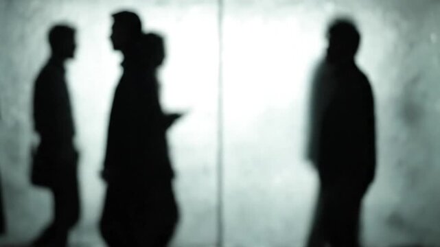 Silhouettes of People Walking in Foggy Environment.
