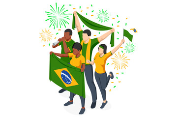 Obraz premium Isometric football supporter celebrate victory with flag and scarf. Brazil fan group cheer during soccer championship with confetti and firework. Concept of national team support, sport festival and
