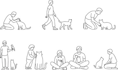 Obraz premium People Interacting With Pets and Animals Line Art Collection
