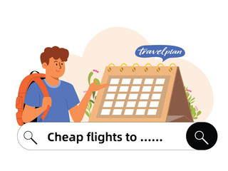 Naklejka premium Man Pointing at Travel Calendar with Flight Search Bar on Cloud Background