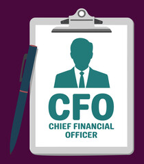 Obraz premium Illustration of a clipboard with a document displaying 'CFO Chief Financial Officer' and a silhouette of a professional, accompanied by a pen.