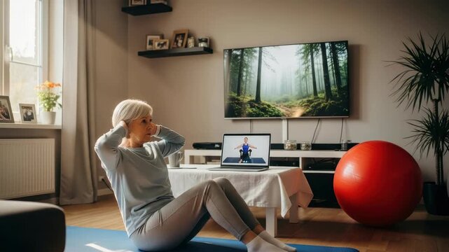 Senior Woman Exercising At Home Doing Sit-ups On Mat Watching Workout Video On Laptop Forest Scene On The Tv Fitness Ball Nearby For Health Wellness Visuals