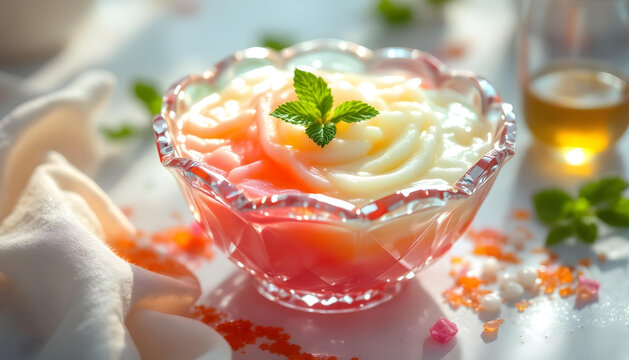 A crystal bowl of colorful Sago pudding garnished with mint, bright and airy high-key photography