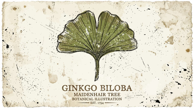 Ginkgo Biloba Leaf Botanical Illustration on Vintage Paper