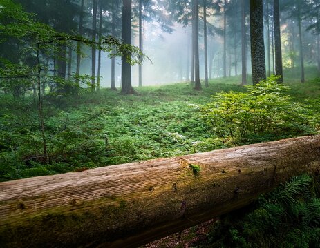 a close up of a log in a tranquil forest surrounded by lush greenery and misty atmosphere