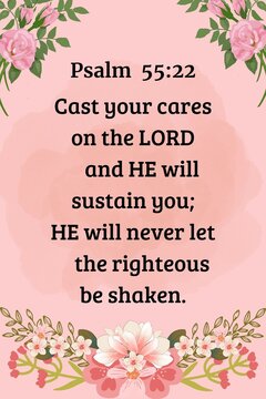 Christian inspirational quote from Psalm 55:22 pink floral background, christian homedecor bible verse wallart