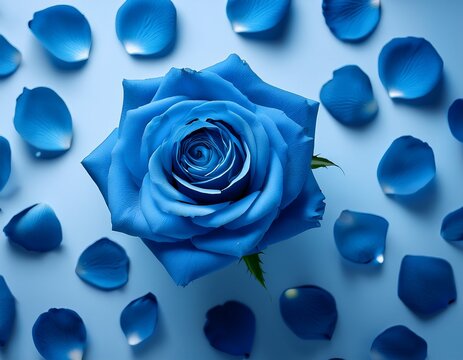 beautiful blue rose surrounded by petals on a serene blue backdrop