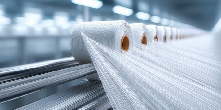 Industrial textile production with spools of white thread on a manufacturing line