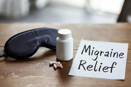 Migraine relief supplies are displayed on a wooden table, suggesting an attempt to find solutions for migraines.