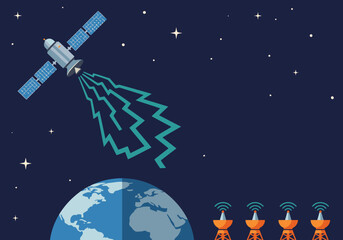 A satellite transmits data across the globe, connecting devices. Illustrative graphic showcasing satellite backbone link data. Modern, vibrant, and visually engaging. © Vector Factory