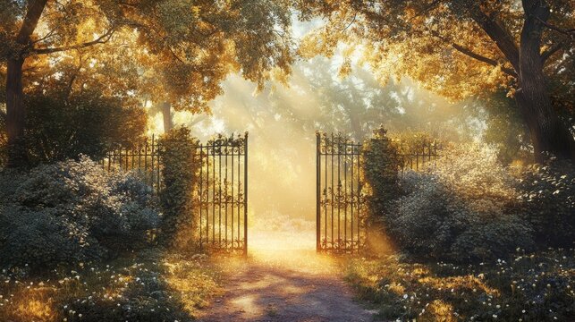 A serene garden scene with golden sunlight filtering through iron gates amid lush greenery